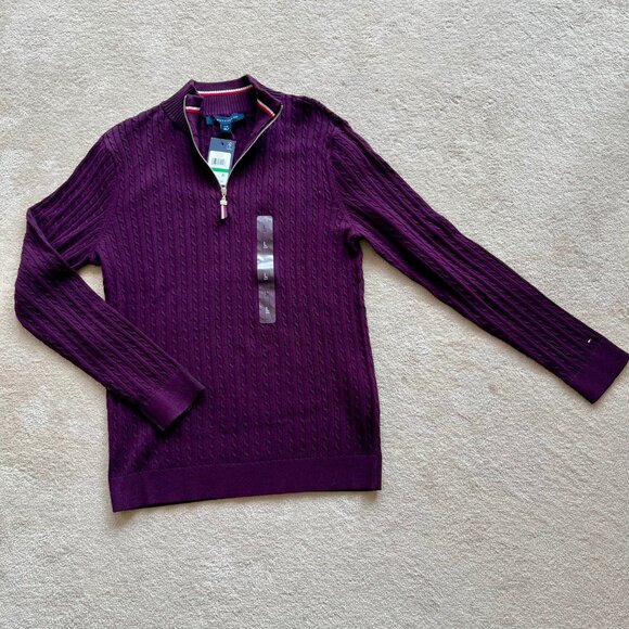 Tommy Hilfiger Sweaters - Tommy Hilfiger Women's Cotton Quarter Zip Cable Knit Sweater - Aubergine Color